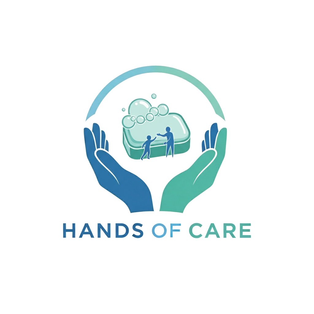 Logo do Hands Of Care Project: duas mãos abertas, uma azul e uma verde, segurando um sabonete com bolhas sob um arco